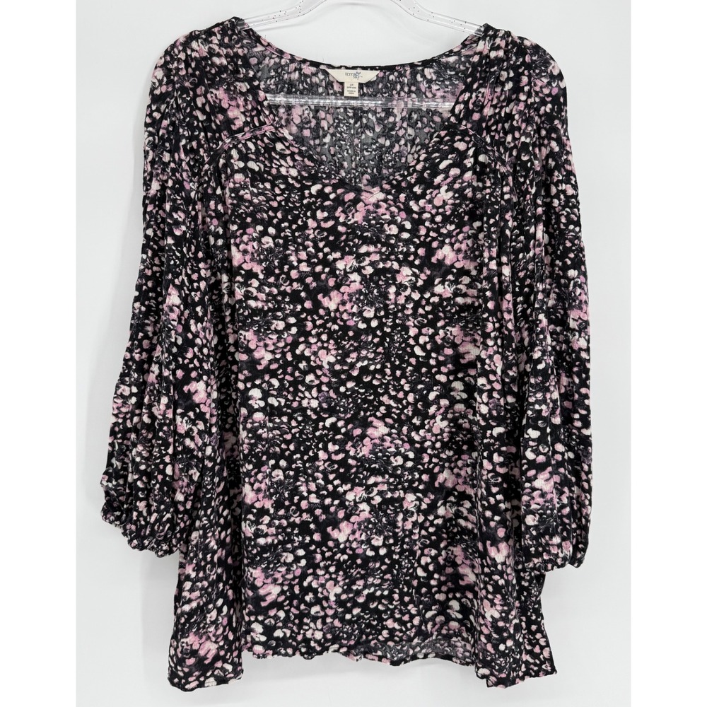 Terra & Sky Women Sz 2X Plus Black Pink Floral Viscose V-Neck Balloon Slv Blouse
